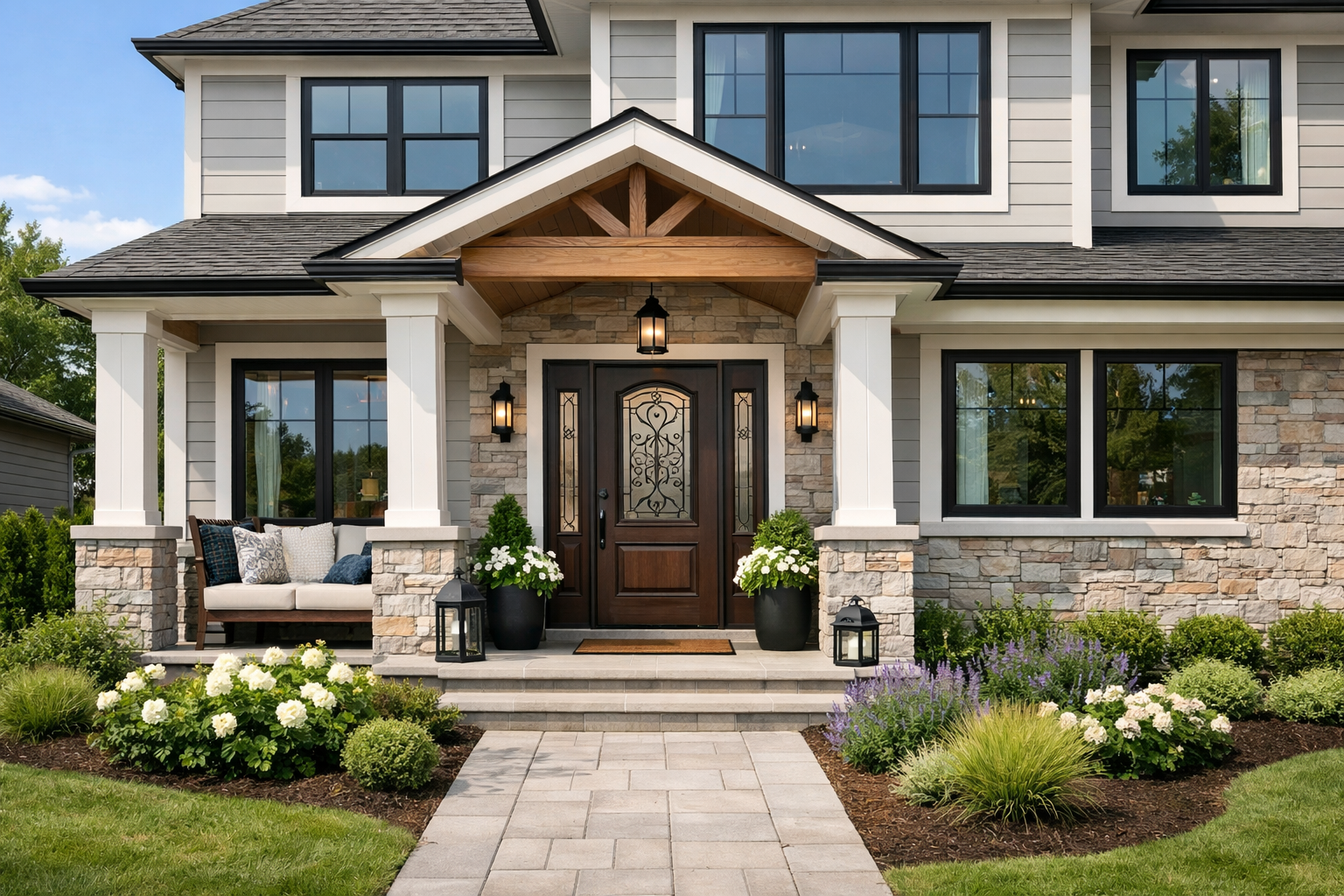 Visualize newer residential home exuding exceptional curb appeal featuring a welcoming porch with a decorative entry door and new modern windows-1 Visualize newer residential home exuding exceptional curb appeal featuring a welcoming porch with a decorative entry door and new modern windows-1