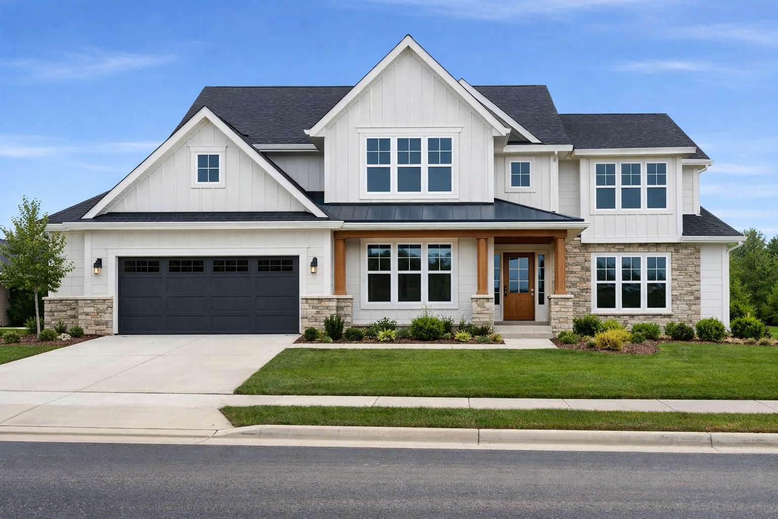 curb shot of new modern home with new white framed windows-1