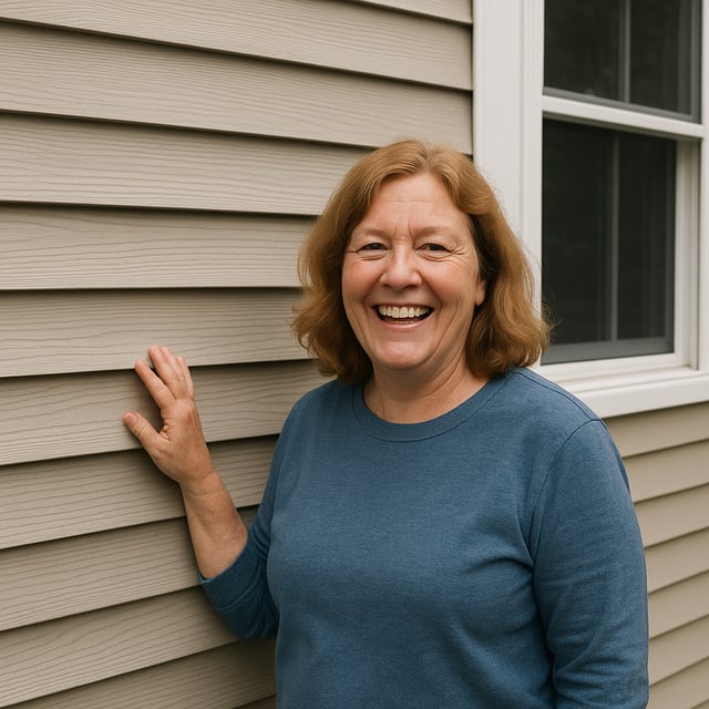 Kim Rudd Dittmann, happy customer with new siding installation